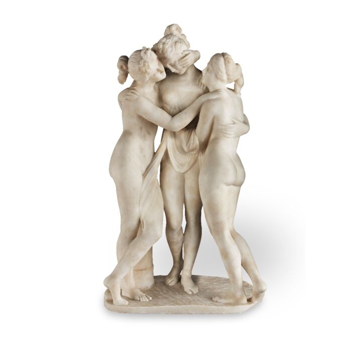 An early 20th century alabaster figural group of 'The Three Graces', retailed by Klein, Paris
