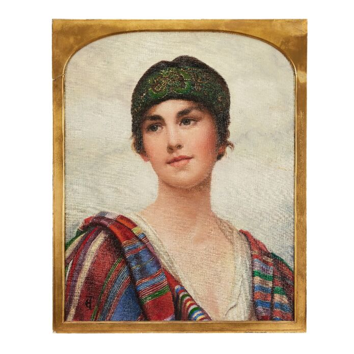 Circle of John William Godward, late 19th century, Portrait of a girl in Arab dress. Sold for £8,540