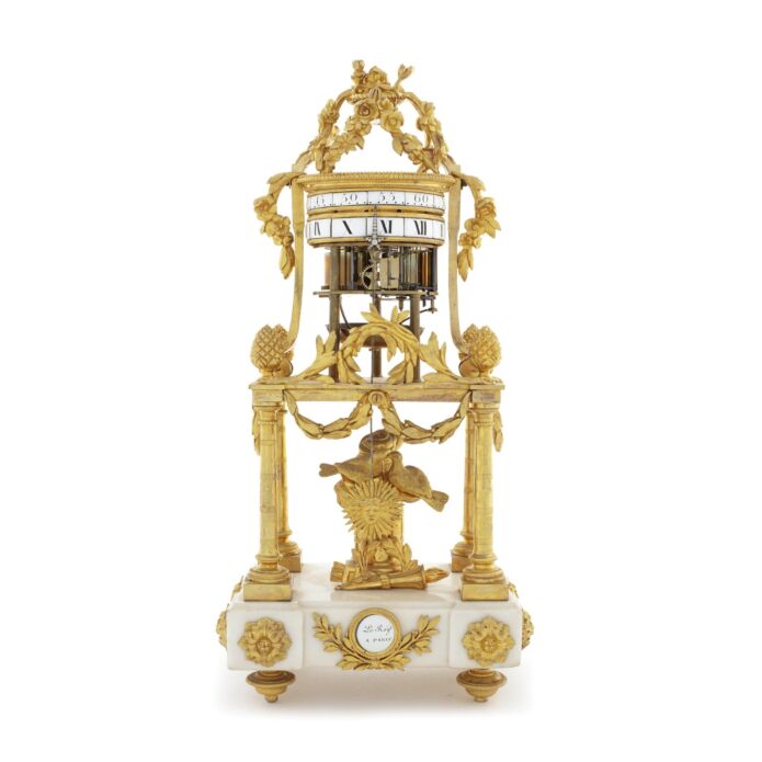 A late 18th century French ormolu and marble annular dial clock by Le Roy, Paris. Sold for £5,270