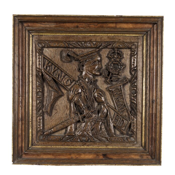 A set of three carved oak panels, English, circa 1550. Sold for £15,600