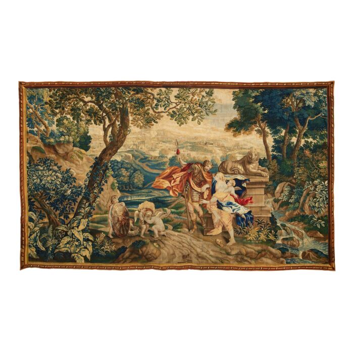 A large late 17th century Flemish tapestry depicting Mars, Venus and four putti. Sold for £16,900