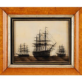 19th Century Maple Framed Reverse Glass Painting of Nelson's Flagship Victory