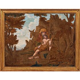 A large early 19th century painted silkwork picture of 'The Good Samaritan'