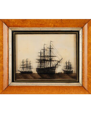 19th Century Maple Framed Reverse Glass Painting of Nelson's Flagship Victory
