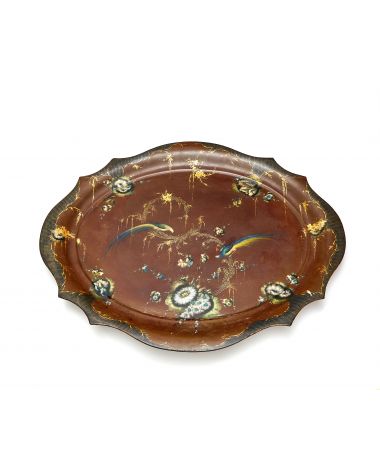 A large mid 19th century japanned polychrome decorated toleware tray on later stand
