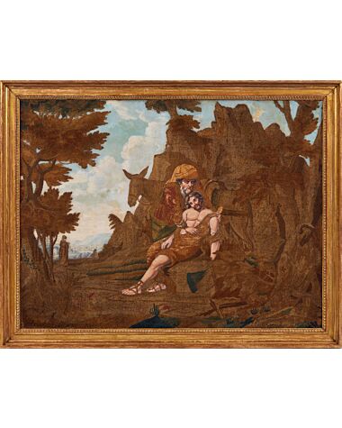 A large early 19th century painted silkwork picture of 'The Good Samaritan'