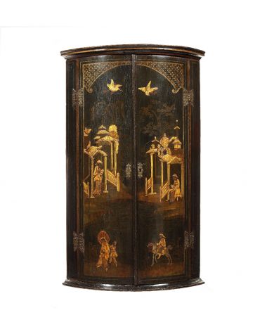 George I black japanned hanging bowfront corner cupboard