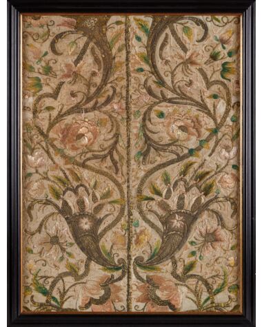 A Late 17th Century English Embroidered Silk And Metallic Thread Textile Panel
