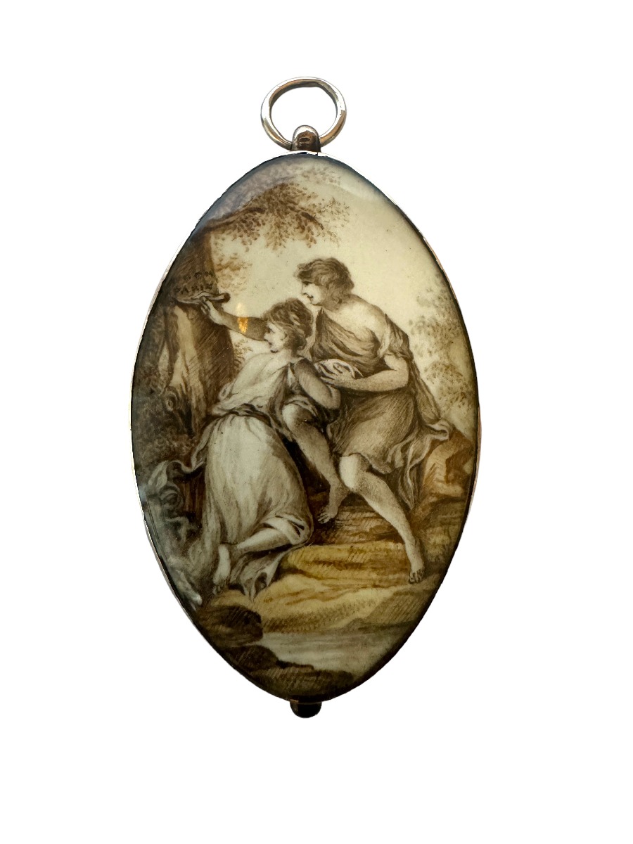 late 18th century navette shaped neoclassical pendant with figural miniature en grisaille