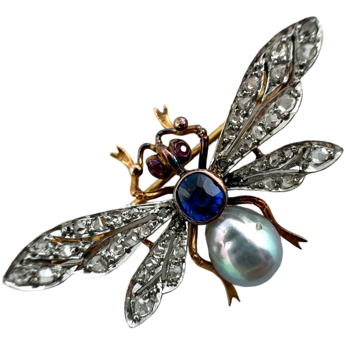 Late 19th century silvery pearl, sapphire, ruby and diamond insect brooch