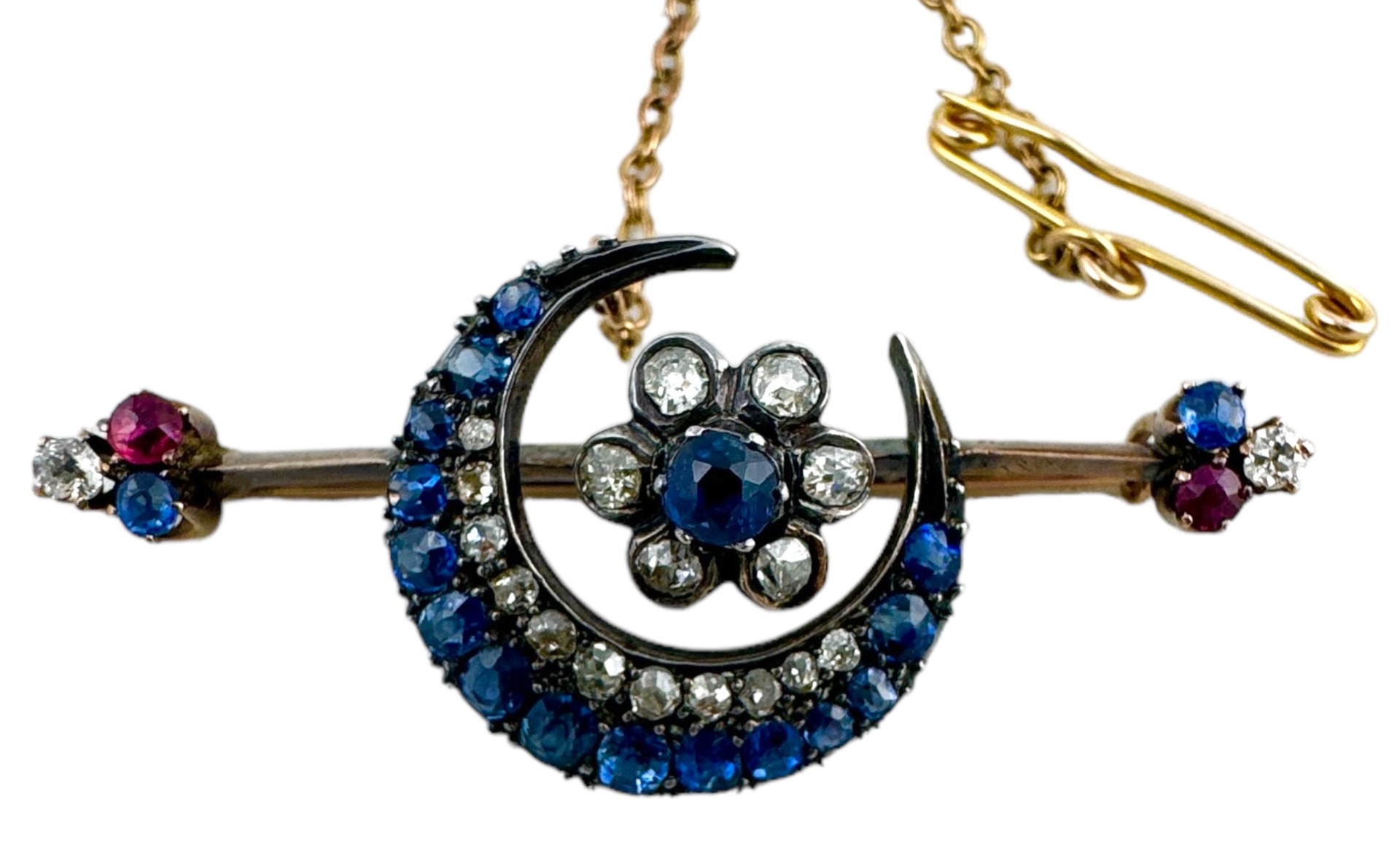 19th century sapphire, diamond & ruby crescent & flowerhead bar brooch