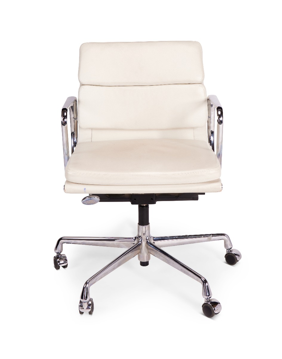 Charles Eames: an EA208 soft pad Vitra chrome and white leather swivel chair 