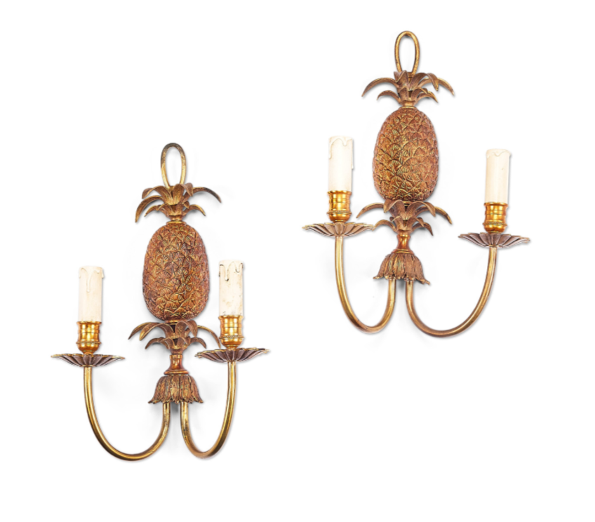 A pair of gilt-brass twin-light pineapple wall lights 