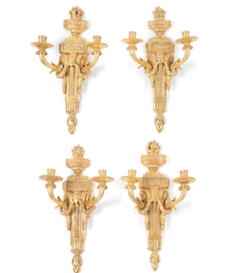 Louis XVI style gilt wood twin-sconce wall lights