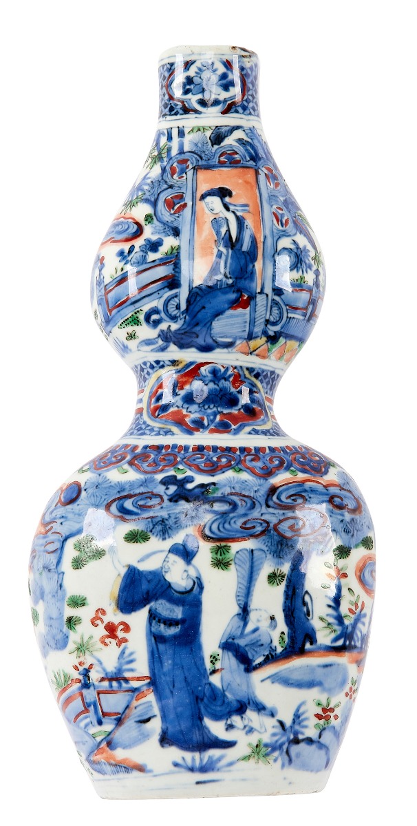 An 18th century Chinese famille rose blue and white double gourd wall vase 