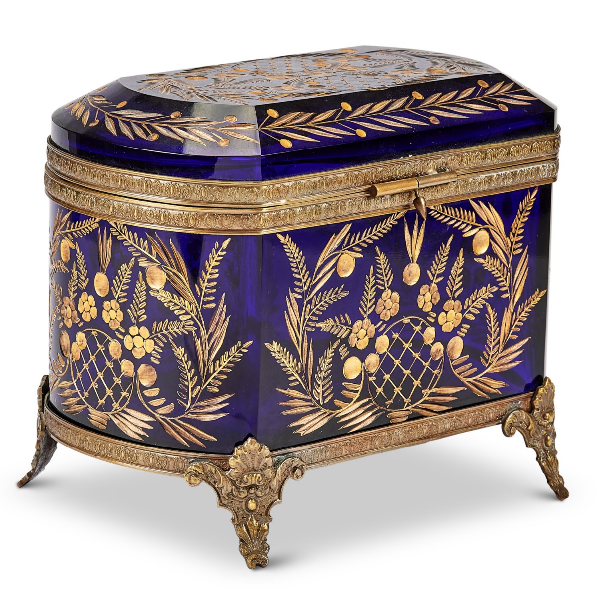 A 19th century French blue etched glass and gilded casket