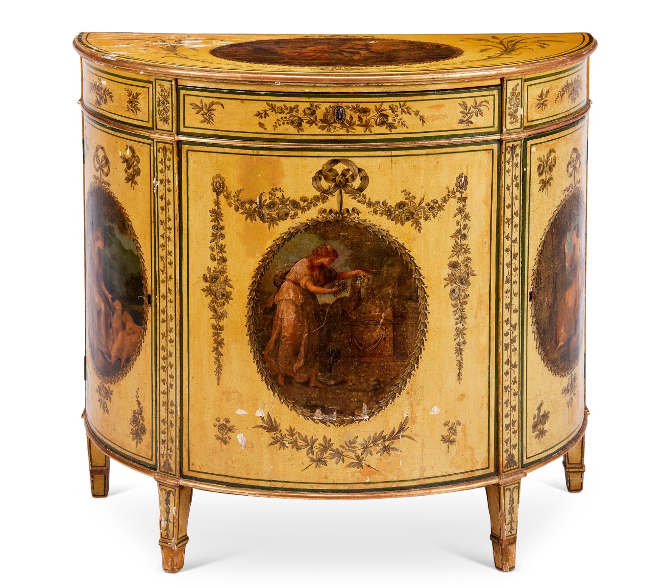 A small George III painted and decorated demi-lune commode 