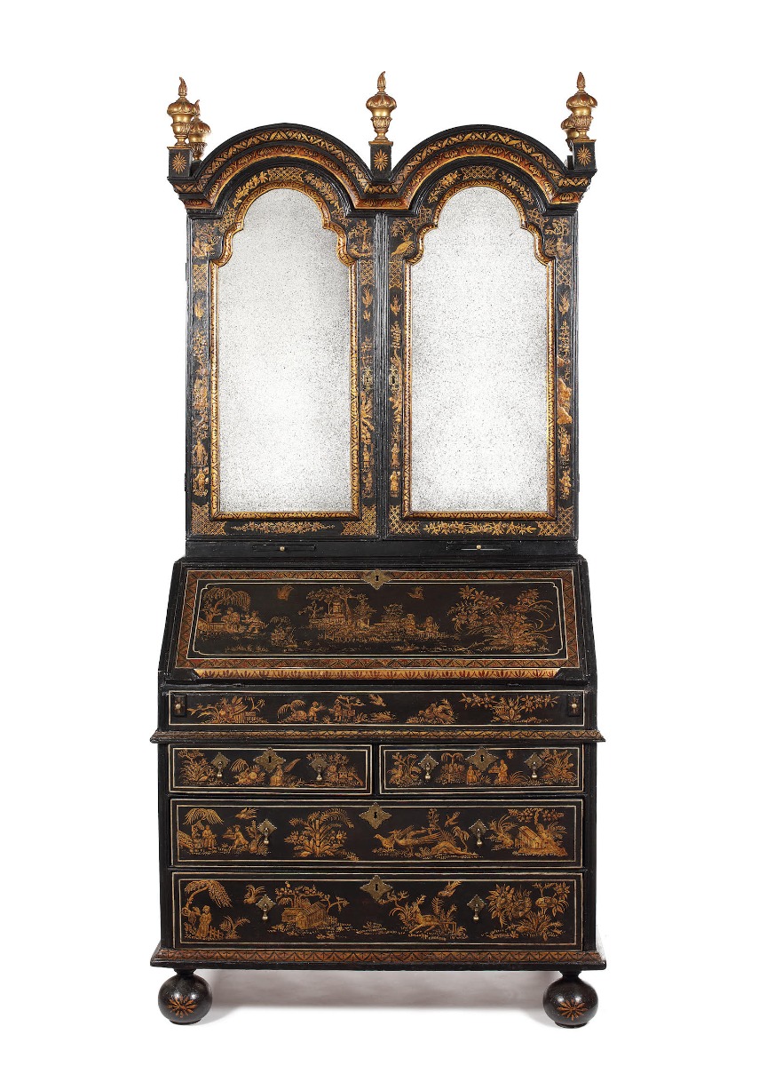 A Queen Anne black japanned bureau cabinet