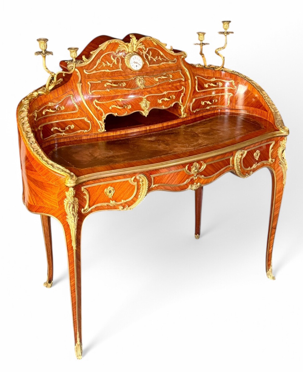Late 19thc. French kingwood parquetry & gilt-bronze bureau à rognon 